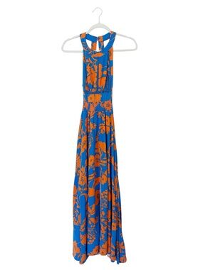 Anthropologie Abel the Label Charlie Halter Maxi Dress Blue/Orange Floral XS EUC